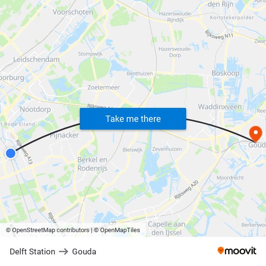 Delft Station to Gouda map