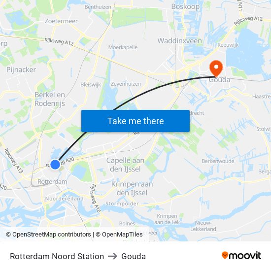 Rotterdam Noord Station to Gouda map