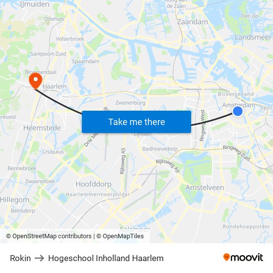 Rokin to Hogeschool Inholland Haarlem map