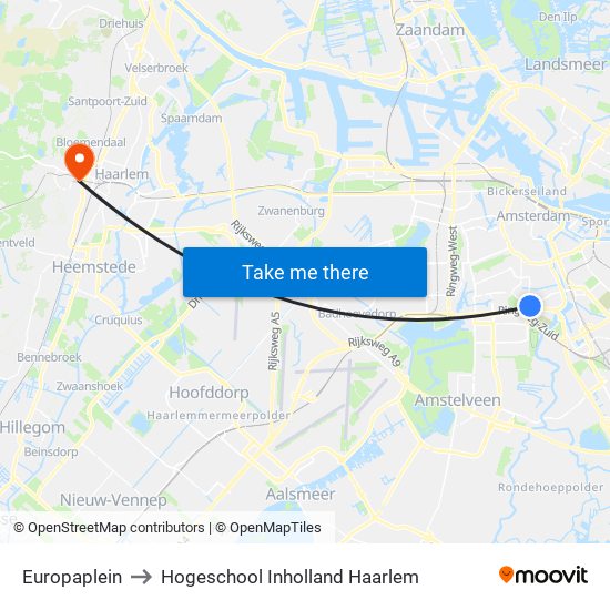 Europaplein to Hogeschool Inholland Haarlem map