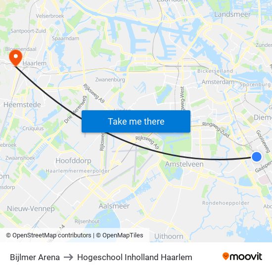 Bijlmer Arena to Hogeschool Inholland Haarlem map