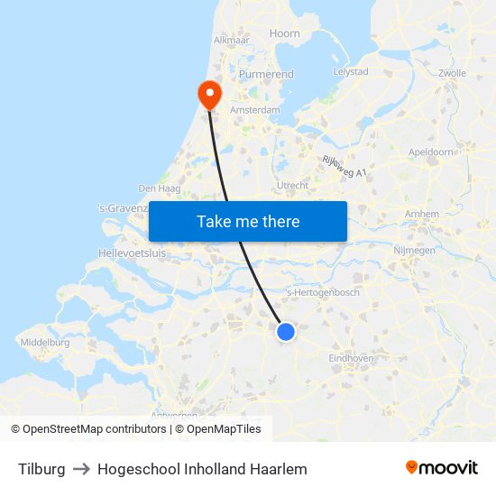 Tilburg to Hogeschool Inholland Haarlem map