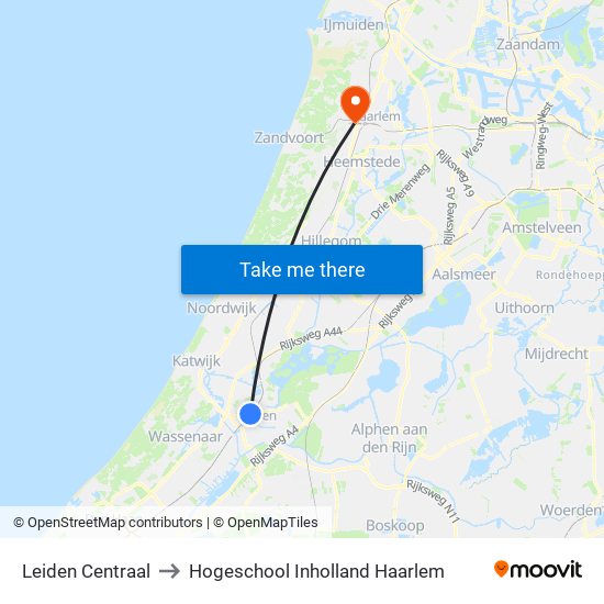 Leiden Centraal to Hogeschool Inholland Haarlem map