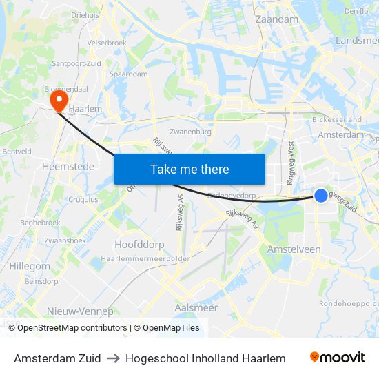 Amsterdam Zuid to Hogeschool Inholland Haarlem map