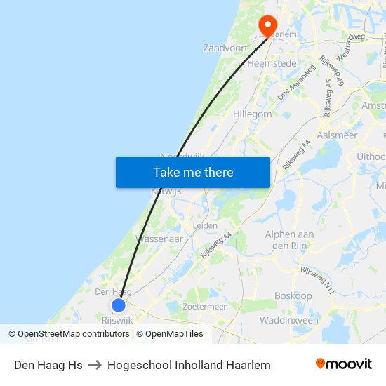 Den Haag Hs to Hogeschool Inholland Haarlem map