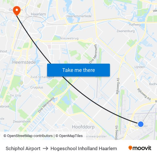 Schiphol Airport to Hogeschool Inholland Haarlem map
