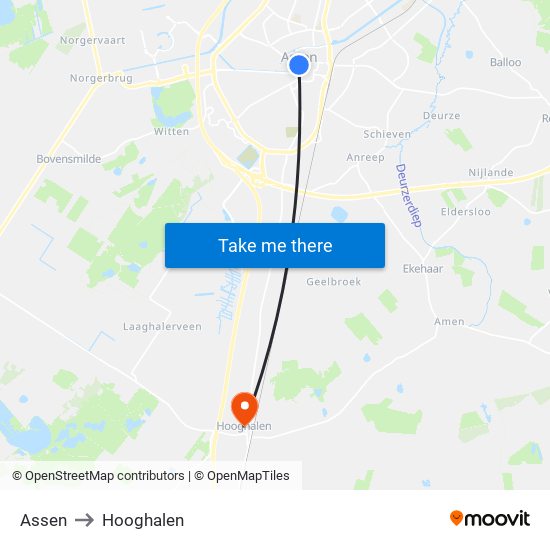 Assen to Hooghalen map