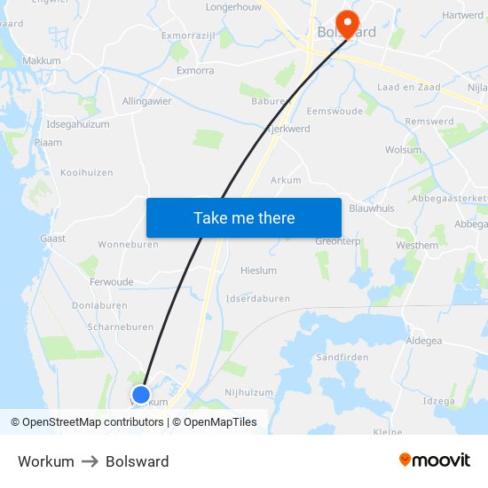 Workum to Bolsward map