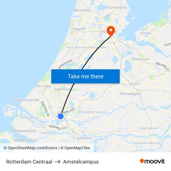 Rotterdam Centraal to Amstelcampus map