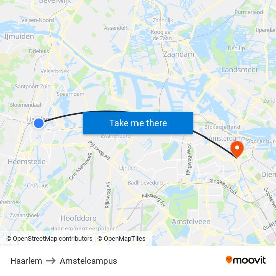 Haarlem to Amstelcampus map