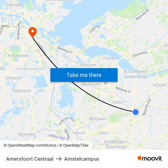 Amersfoort Centraal to Amstelcampus map