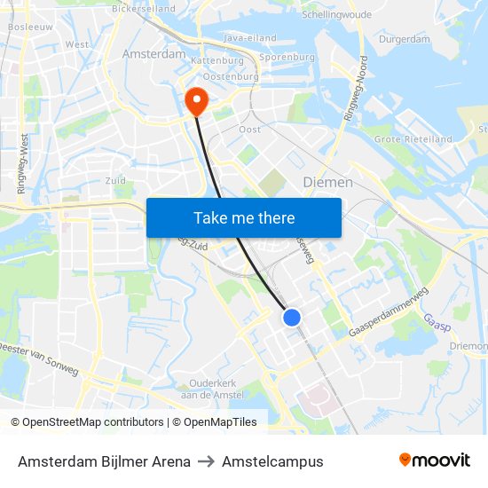 Amsterdam Bijlmer Arena to Amstelcampus map