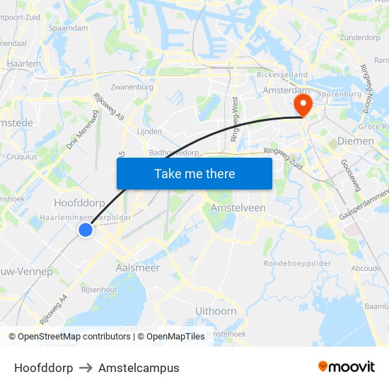 Hoofddorp to Amstelcampus map