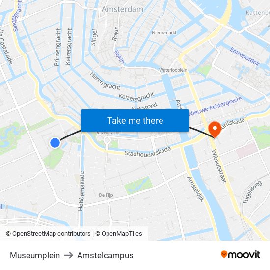 Museumplein to Amstelcampus map