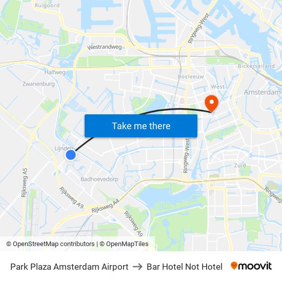 Park Plaza Amsterdam Airport to Bar Hotel Not Hotel map