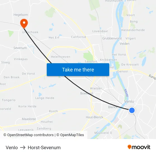Venlo to Horst-Sevenum map