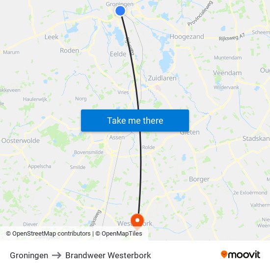 Groningen to Brandweer Westerbork map