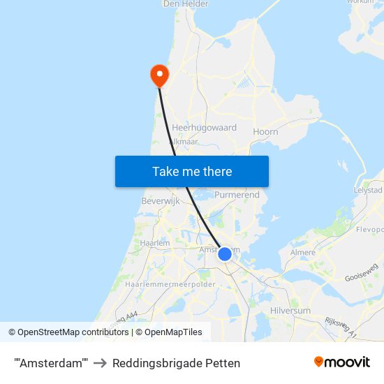 ""Amsterdam"" to Reddingsbrigade Petten map