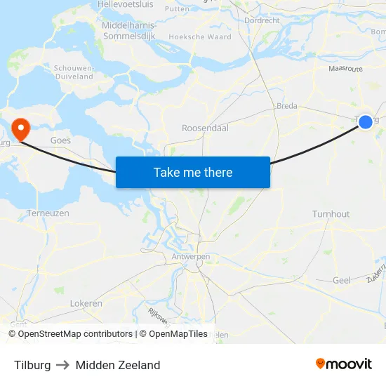 Tilburg to Midden Zeeland map