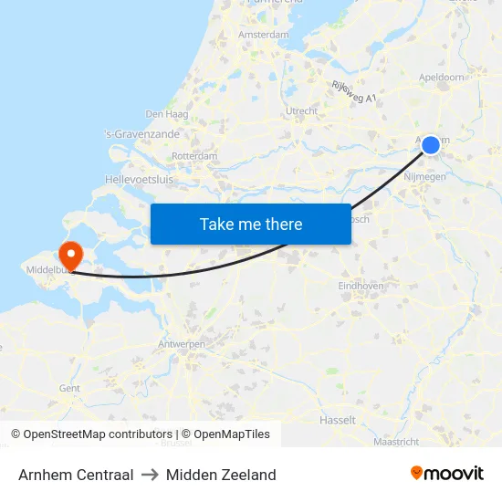 Arnhem Centraal to Midden Zeeland map