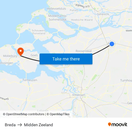 Breda to Midden Zeeland map