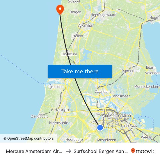 Mercure Amsterdam Airport to Surfschool Bergen Aan Zee map
