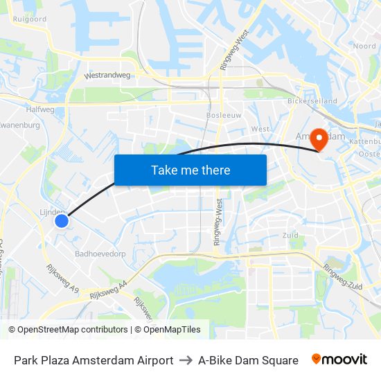 Park Plaza Amsterdam Airport to A-Bike Dam Square map