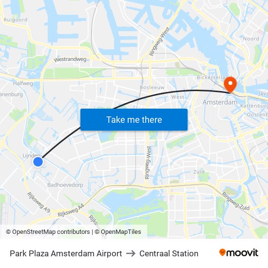 Park Plaza Amsterdam Airport to Centraal Station map