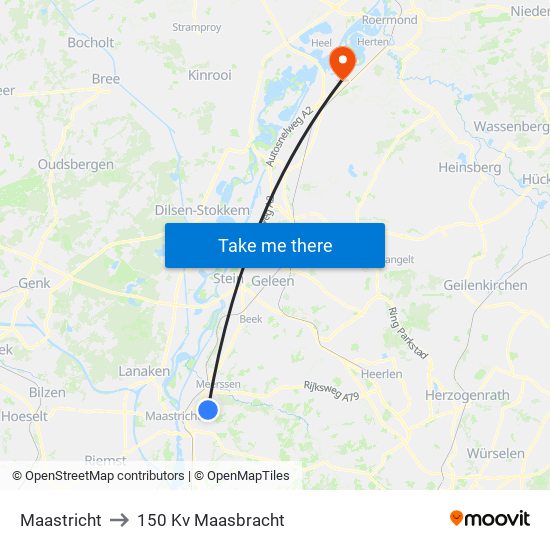 Maastricht to 150 Kv Maasbracht map