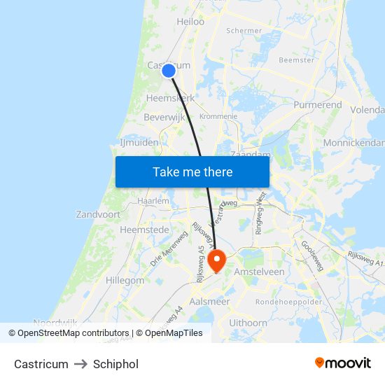 Castricum to Schiphol map