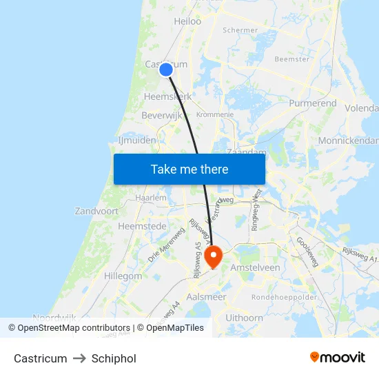 Castricum to Schiphol map