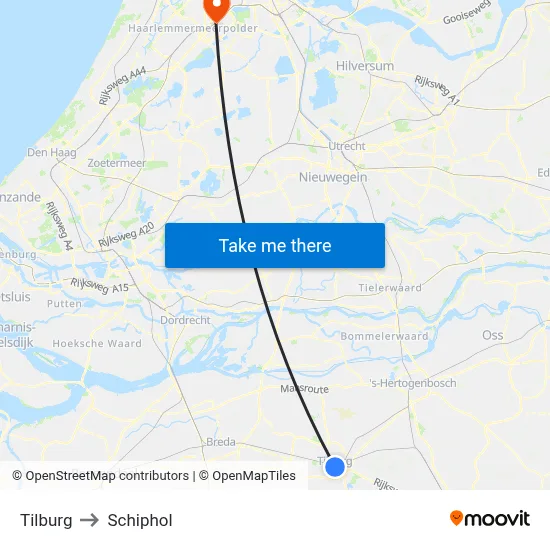 Tilburg to Schiphol map