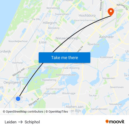 Leiden to Schiphol map