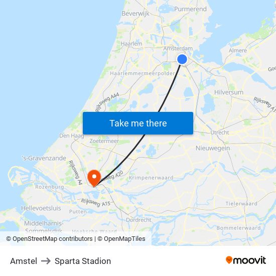 Amstel to Sparta Stadion map