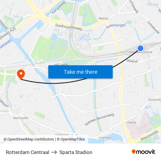 Rotterdam Centraal to Sparta Stadion map