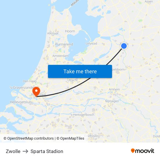 Zwolle to Sparta Stadion map