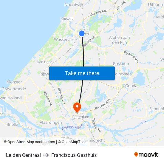 Leiden Centraal to Franciscus Gasthuis map