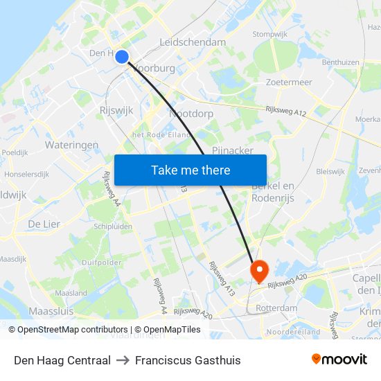 Den Haag Centraal to Franciscus Gasthuis map