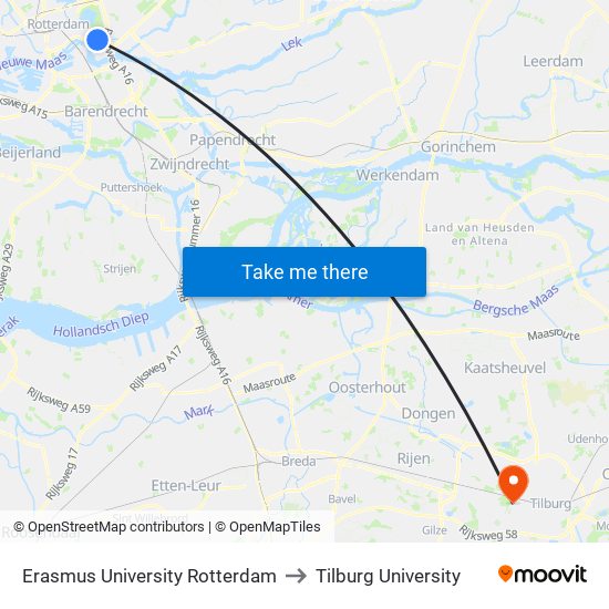Erasmus University Rotterdam to Tilburg University map