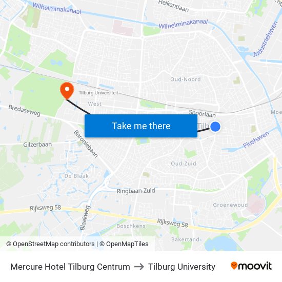 Mercure Hotel Tilburg Centrum to Tilburg University map