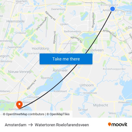 Amsterdam to Watertoren Roelofarendsveen map