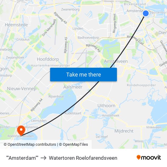 ""Amsterdam"" to Watertoren Roelofarendsveen map