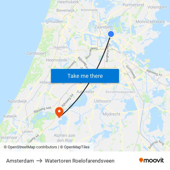 Amsterdam to Watertoren Roelofarendsveen map