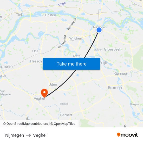 Nijmegen to Veghel map