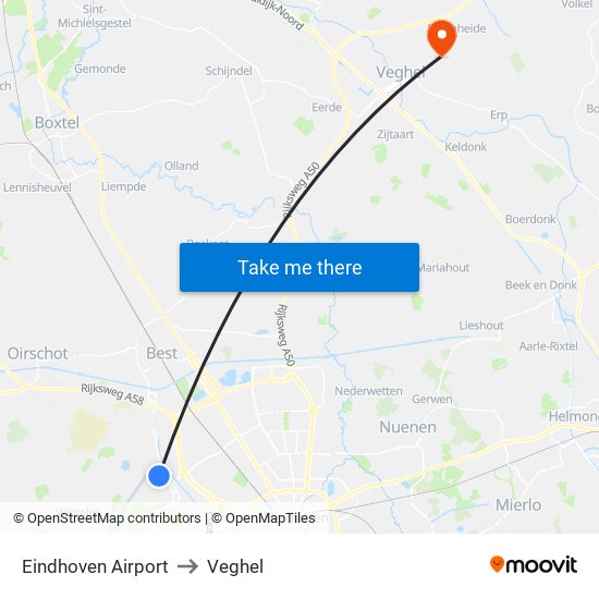 Eindhoven Airport to Veghel map