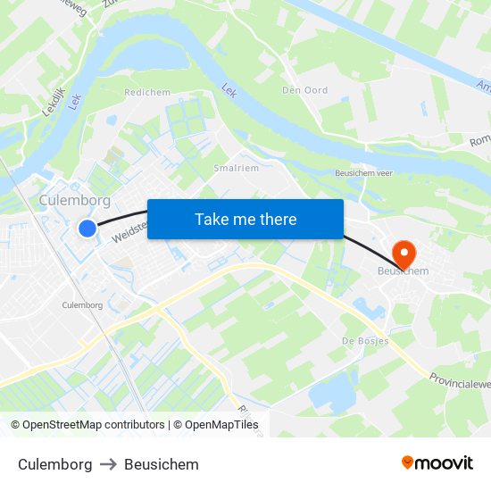 Culemborg to Beusichem map