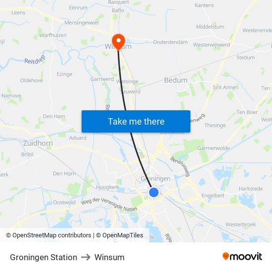 Groningen Station to Winsum map