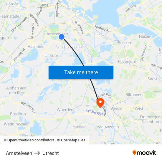 Amstelveen to Utrecht map