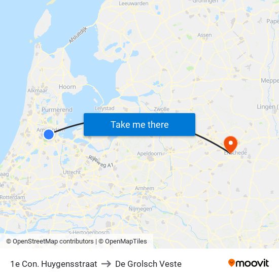 1e Con. Huygensstraat to De Grolsch Veste map