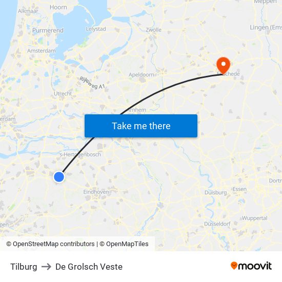 Tilburg to De Grolsch Veste map